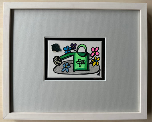 [Filzstiftgemälde gerahmt] Gießen der friedlichen Blumen